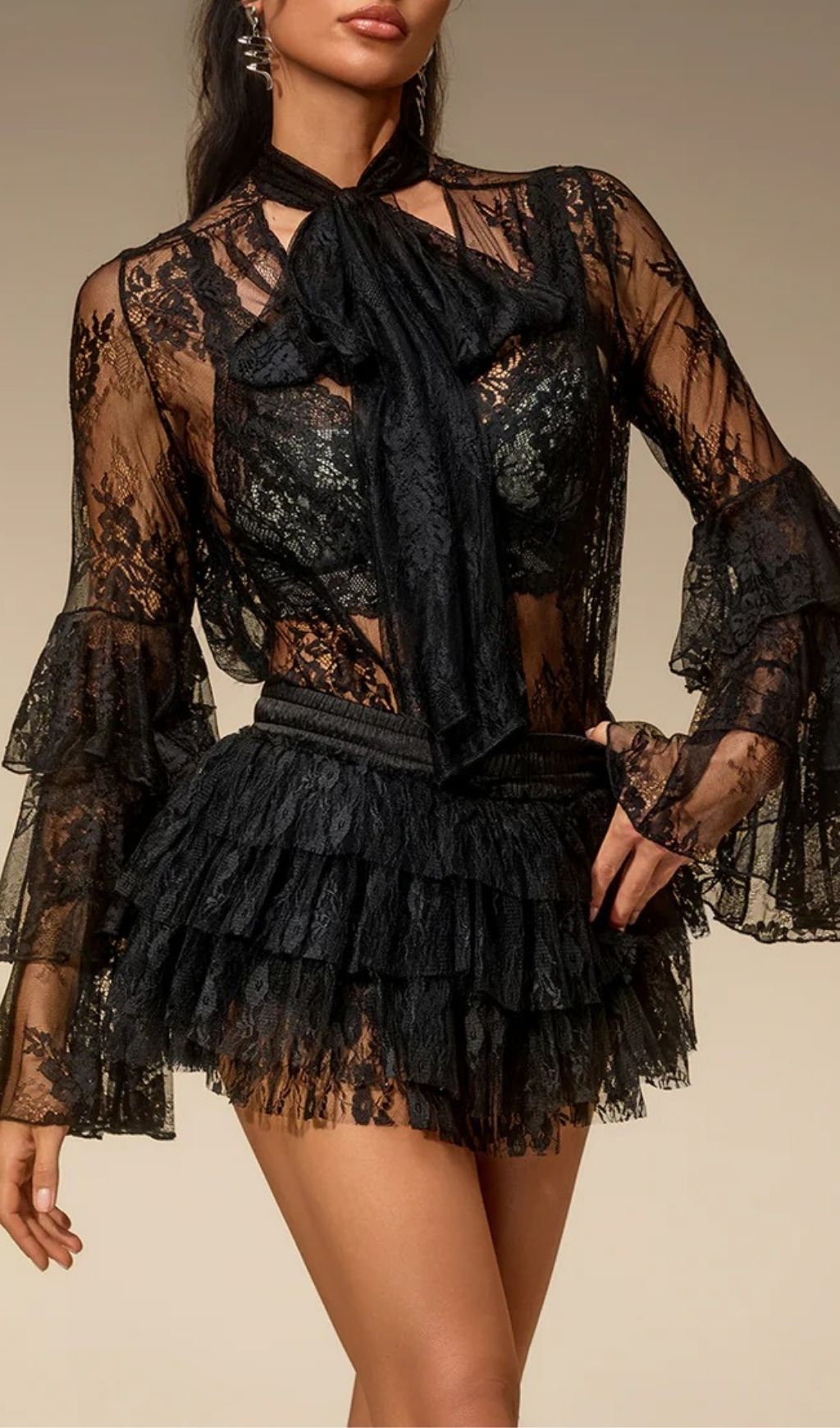 Fashionslee Women Siesha Flare Sleeve Lace Tiered Skirt Set