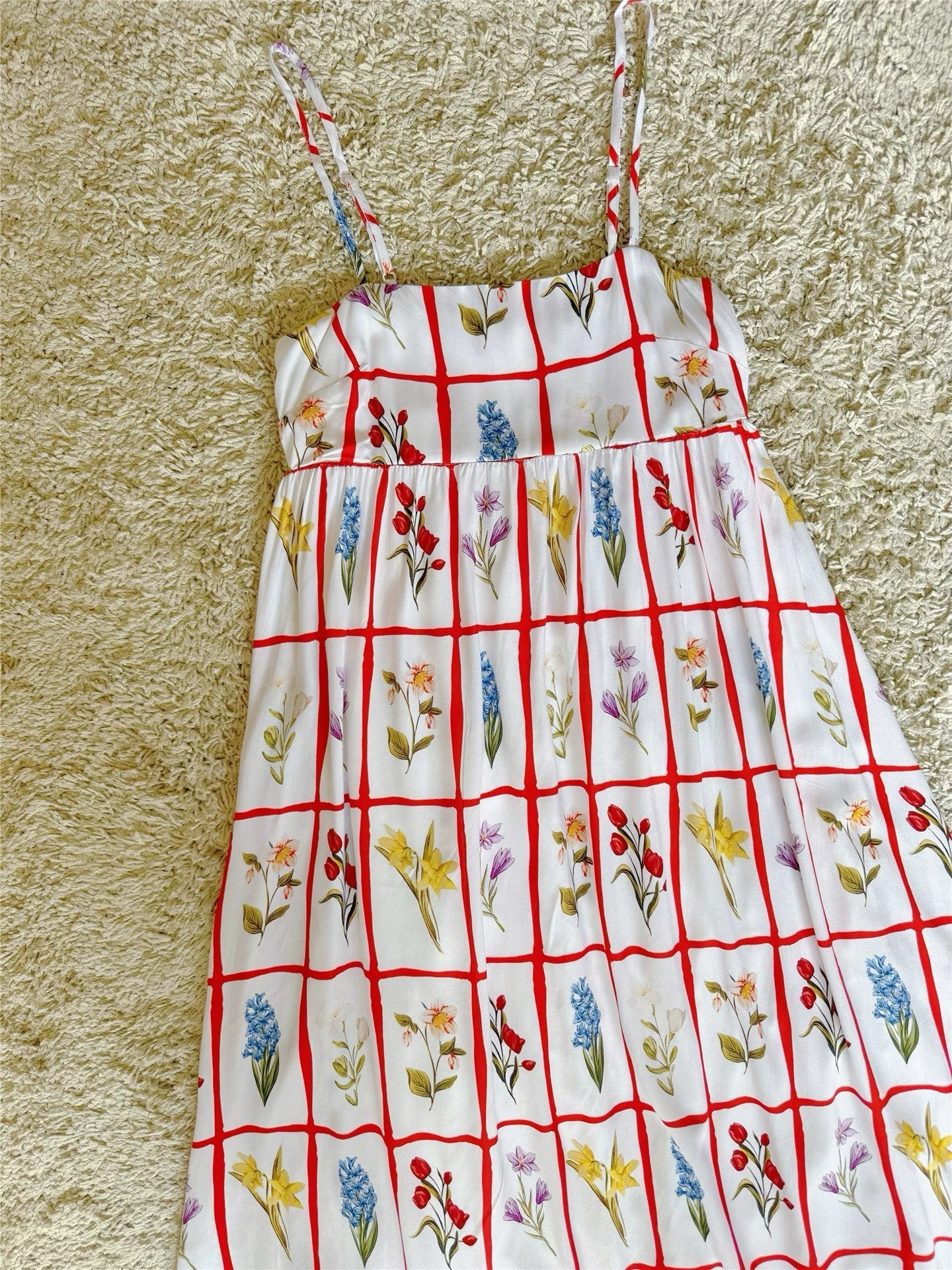 Floral Plaid Cotton Silk Spaghetti Strap Dress
