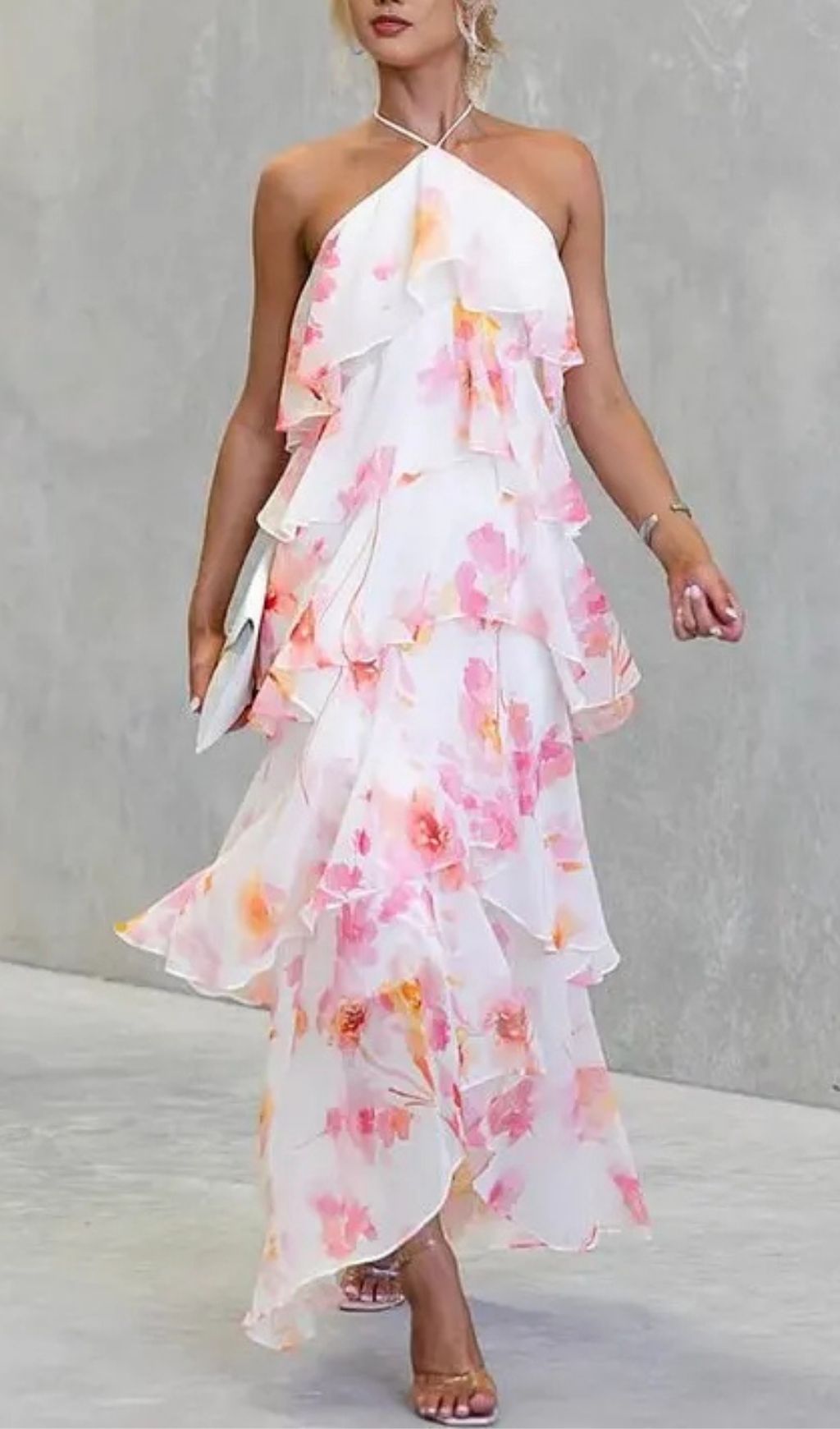Floral Ruffle Halter Neck Midi Dress - Pink