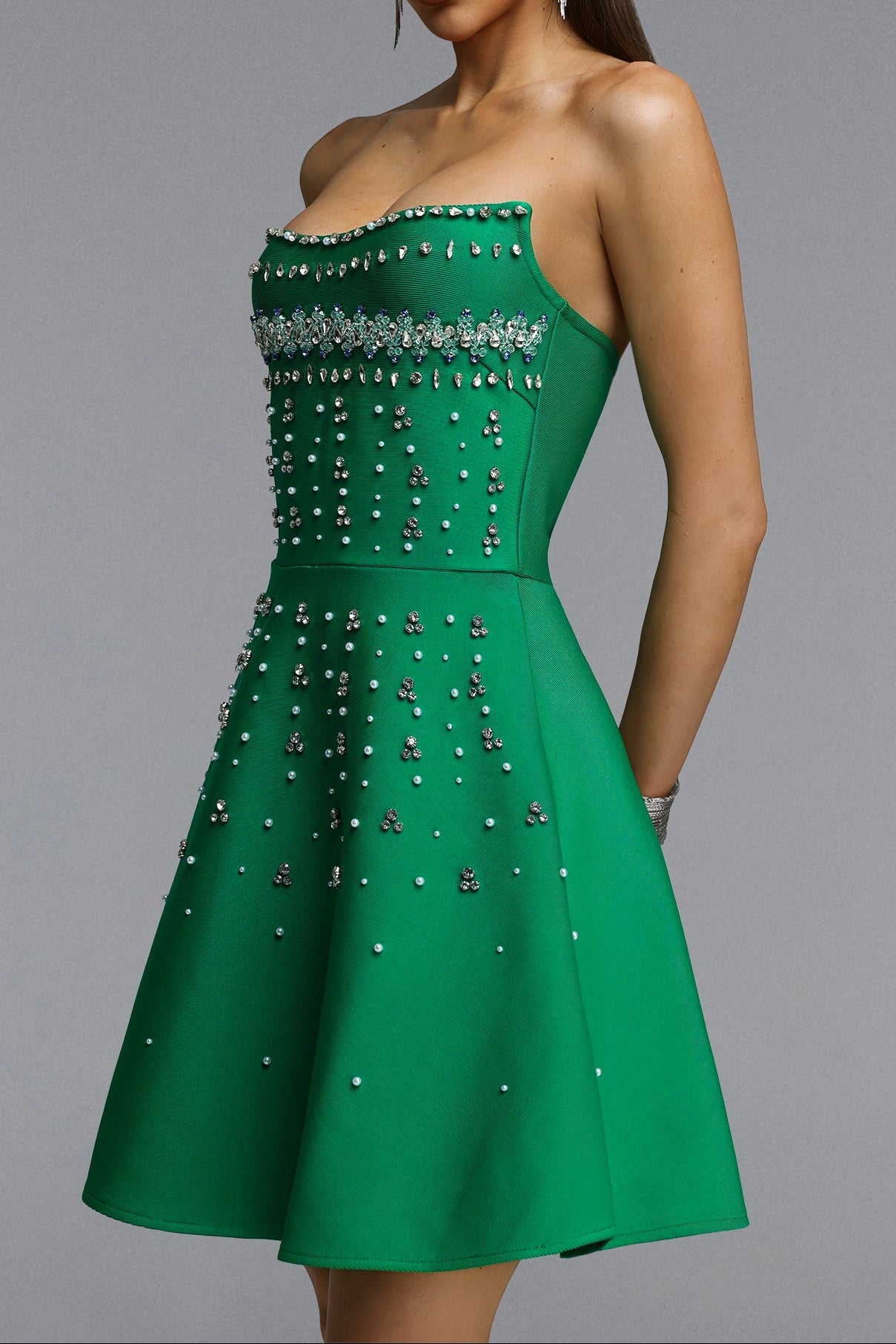 Strapless Rhinestone Pearl A-Line Mini Dress