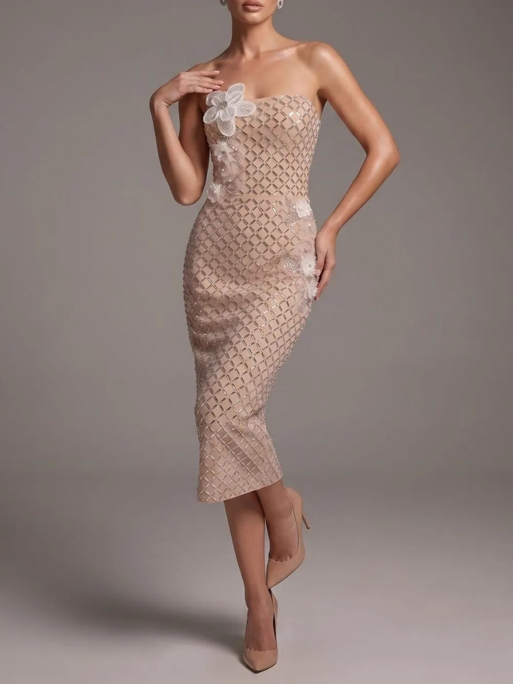 Malie Strapless Crystal Flower Embellished Midi Dress - OWNCI Malie Strapless Crystal Flower Embellished Midi Dress - OWNCI