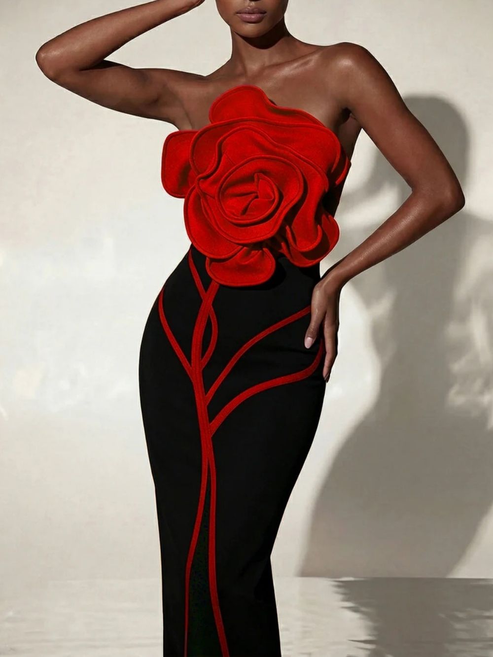 Caldren Strapless Flower Bandage Midi Dress In Black