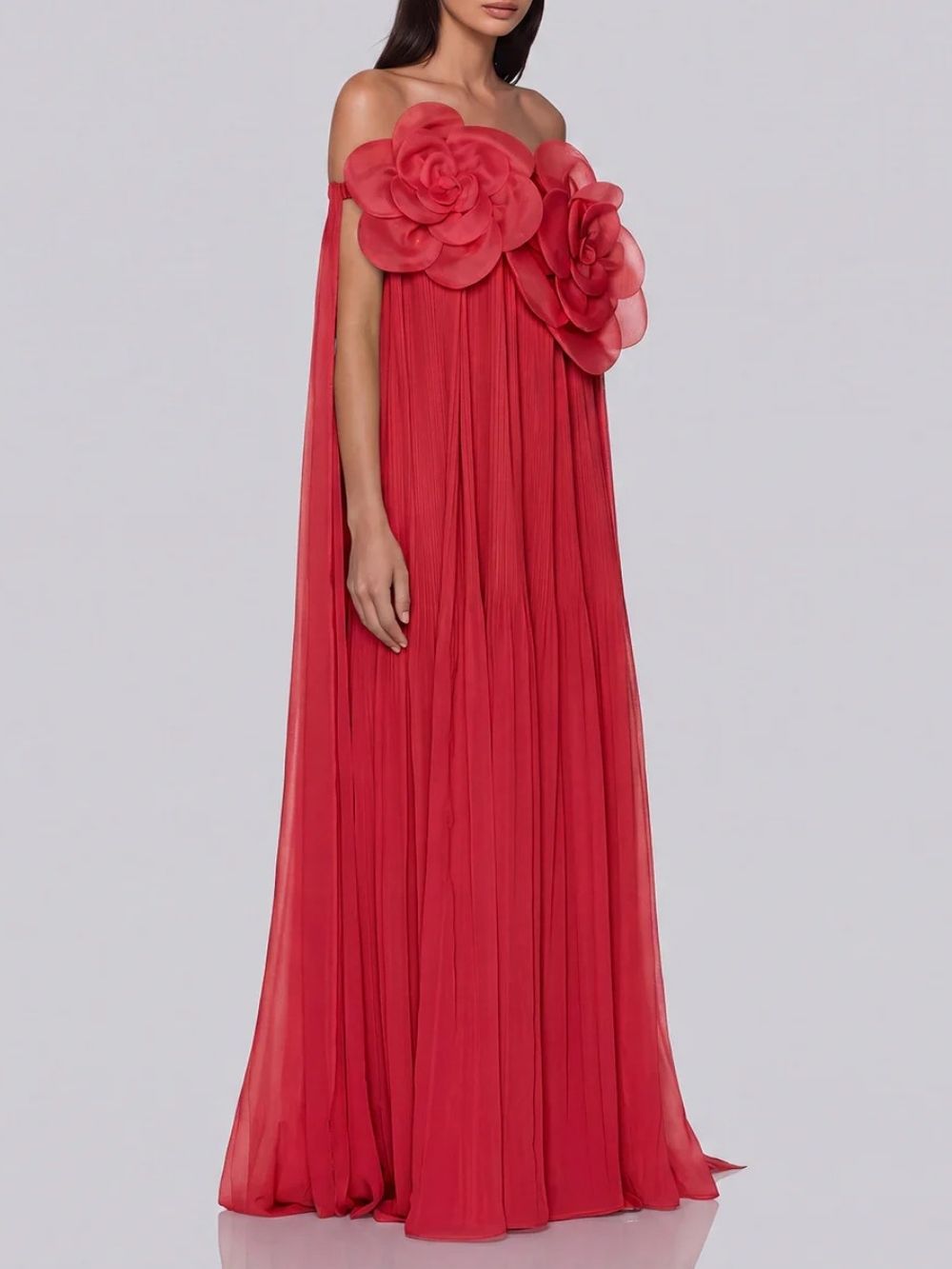 Fashionslee Women Grythalen Off Shoulder Flower Pleated Maxi Dress In Red
