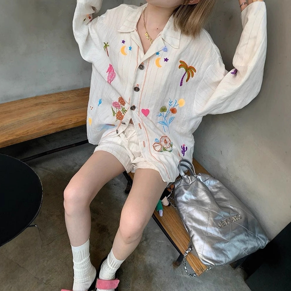 White Embroidery Cotton Linen Long Sleeve Shirt