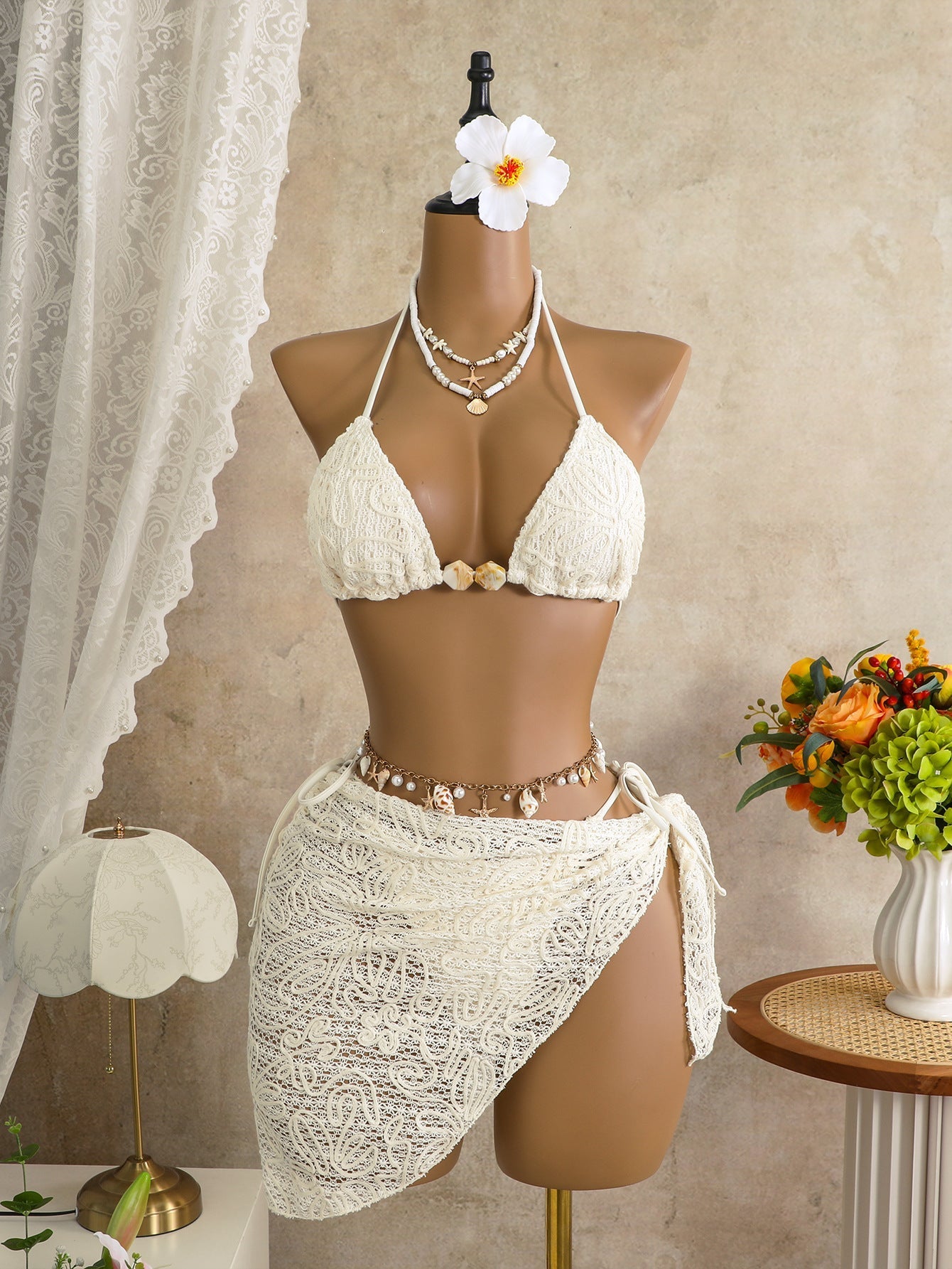 Crochet Three-Piece Beach Swimsuit
