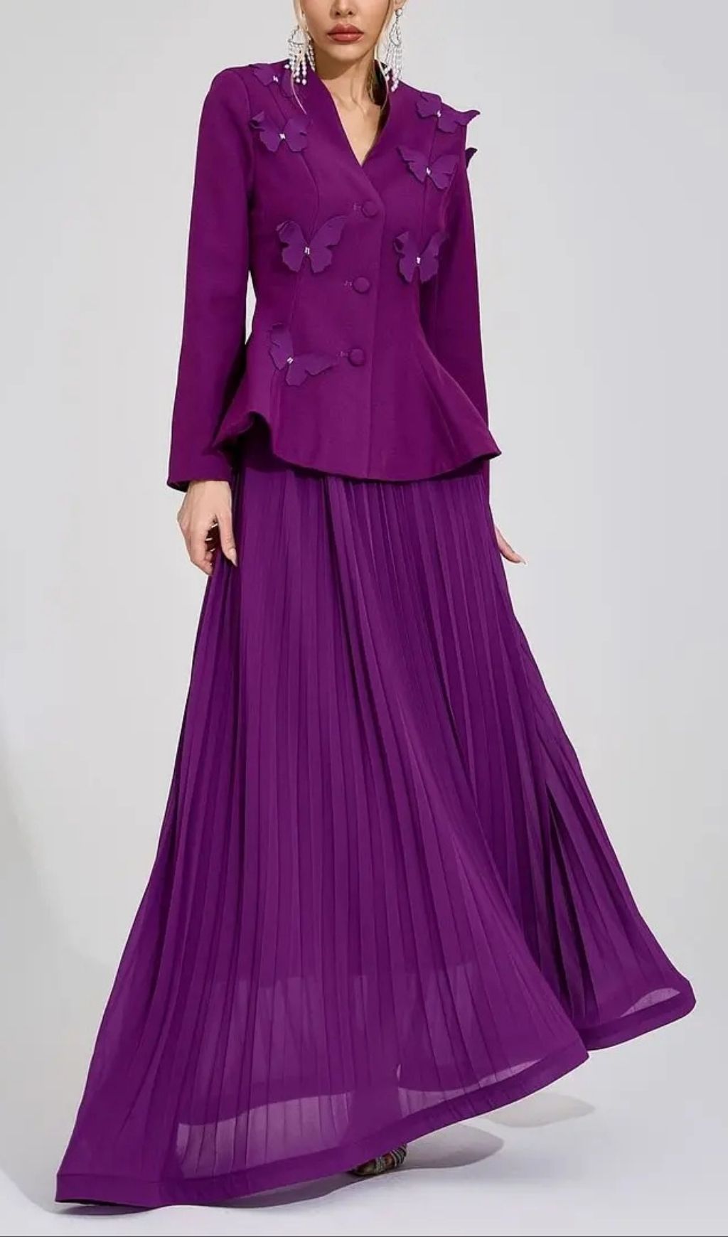 Sabrina Floral Embroidered Coat Maxi Skirt Set - Purple