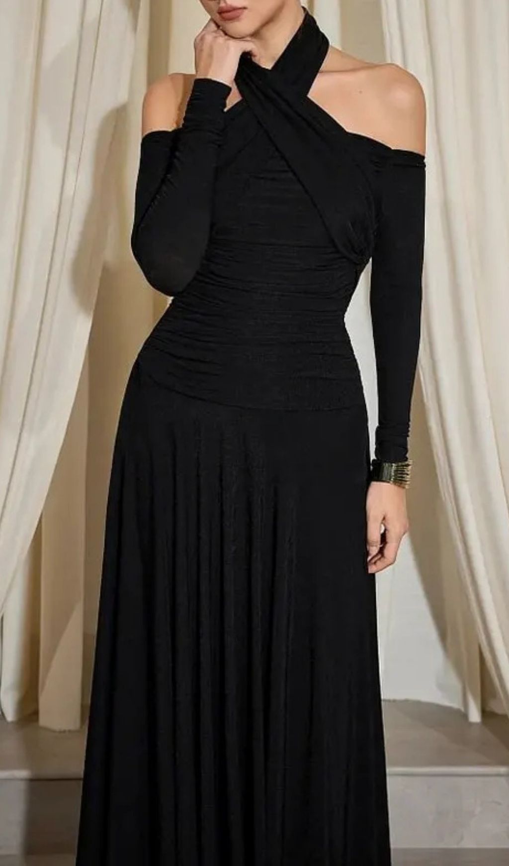 Monica Cross Shoulder High Neck Maxi Dress In Black