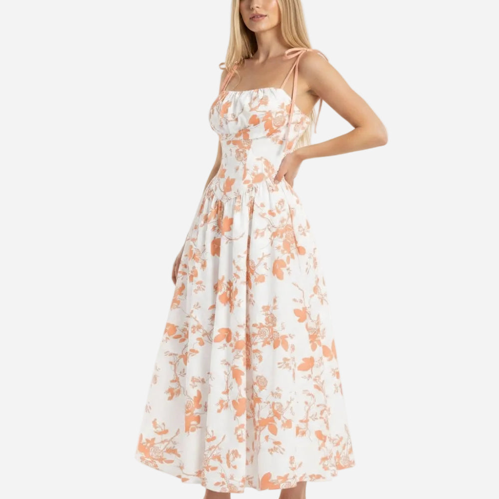 Smocked Floral Square Neck A-line Midi Dress - OWNCI