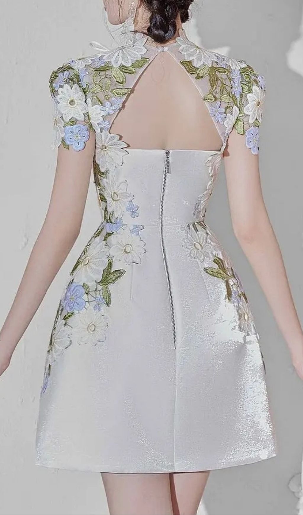 White Floral Embroidered Mini Dress With Sheer Cap Sleeve Bolero