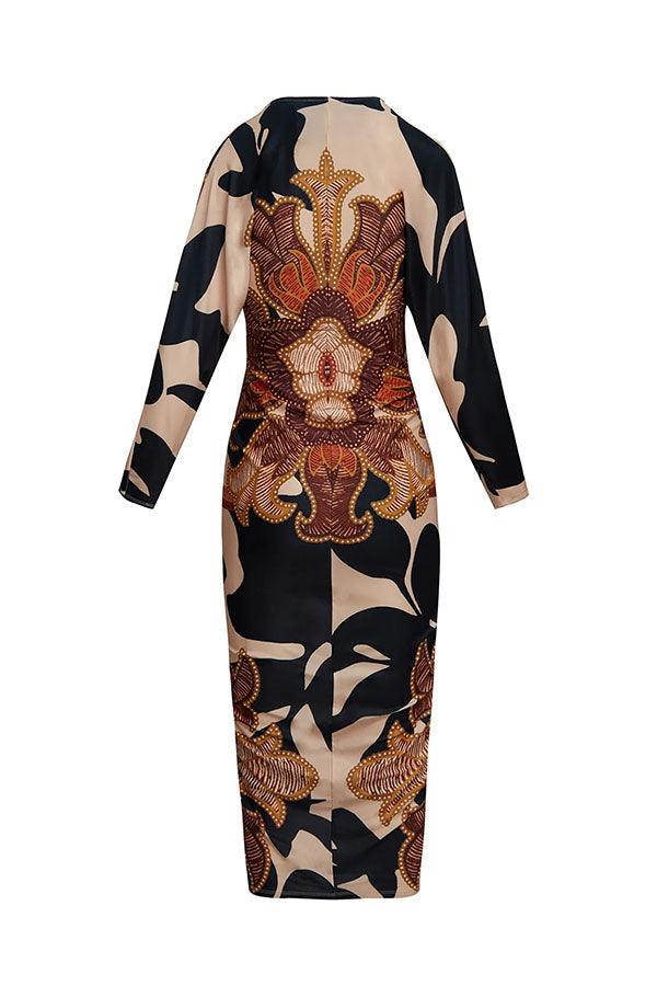 Unique Print Dolman Long Sleeve Ruched Slit Midi Dress - OWNCI Unique Print Dolman Long Sleeve Ruched Slit Midi Dress - OWNCI