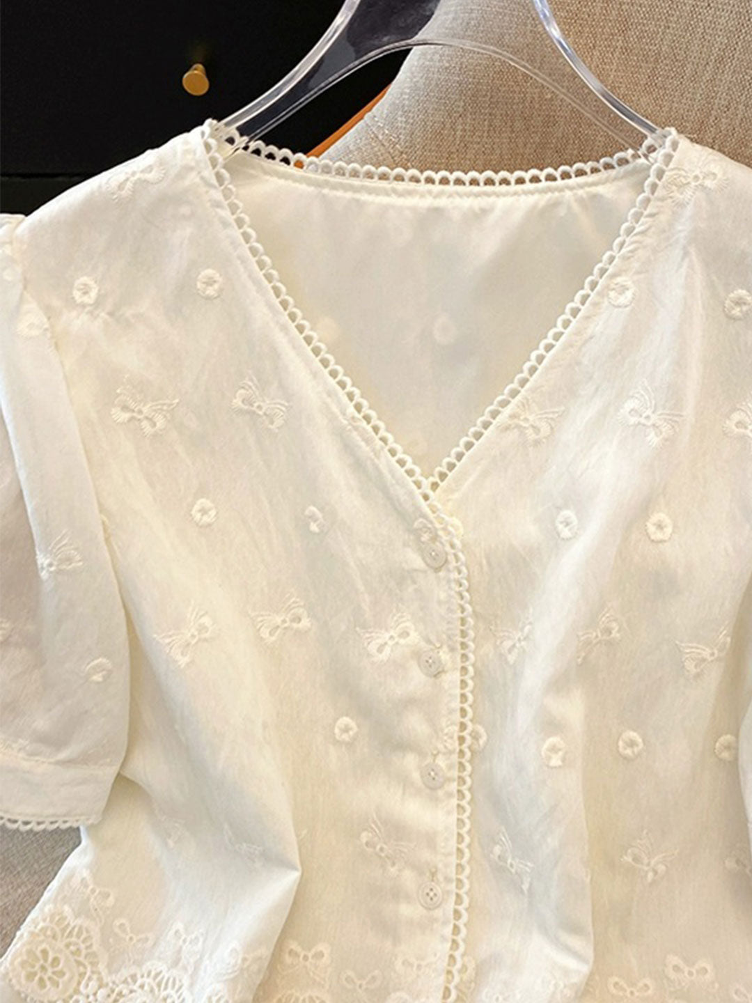 Sabina Loose V-Neck Hollowed Lace Top - OWNCI
