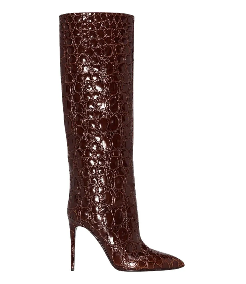 Snake-Print High-Heeled Pointed-Toe Straight-Leg Boots