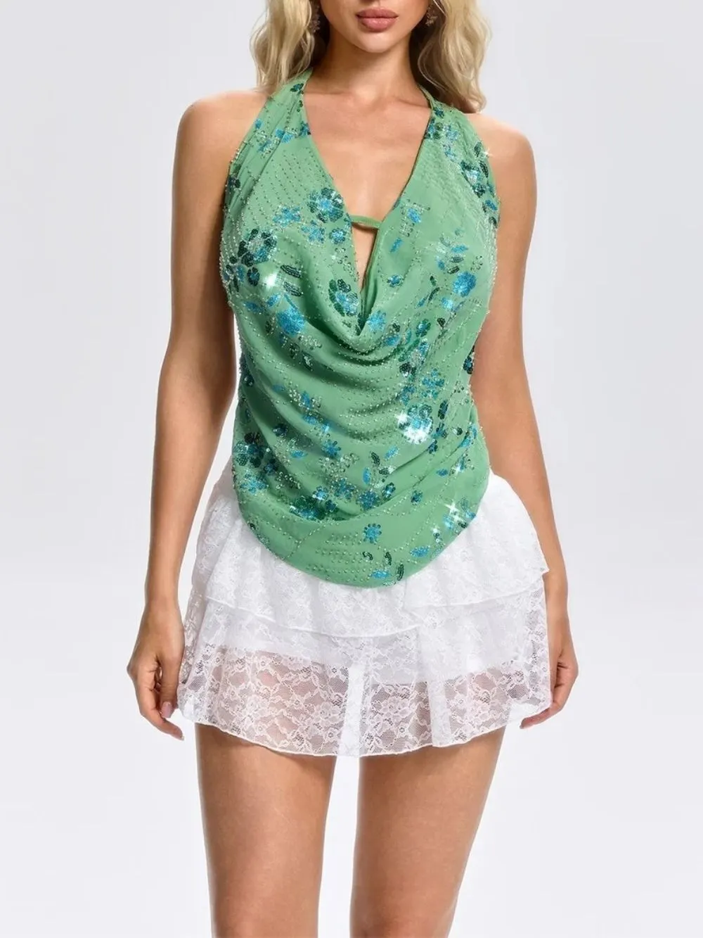 Feronia Cowl Neck Floral Sequin Top - OWNCI Feronia Cowl Neck Floral Sequin Top - OWNCI