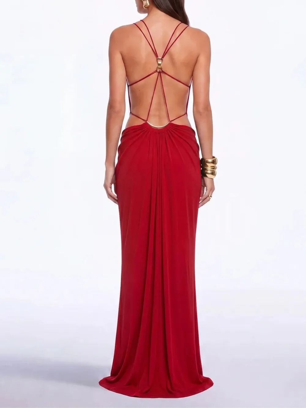 Lorysa Backless Cutout Maxi Dress In Red - OWNCI