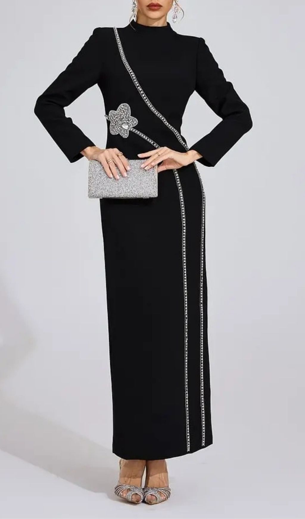 Nicola Diamond Embellished Long Sleeve Maxi Dress - Black