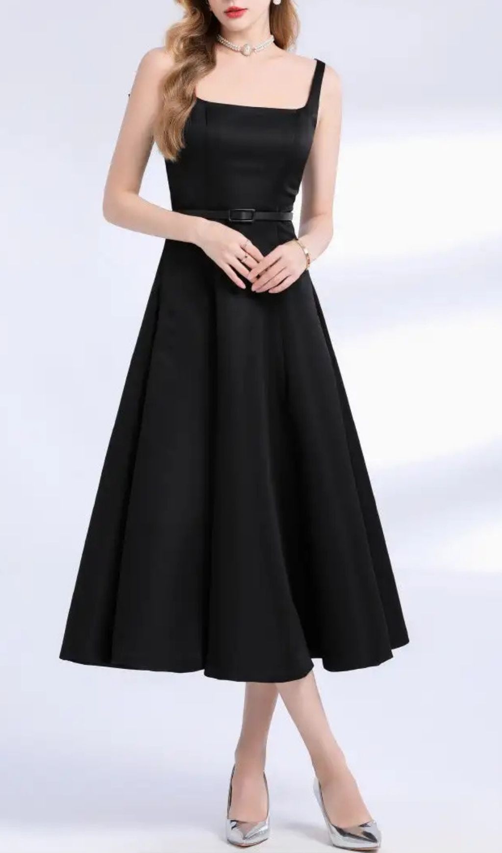 Amelia Square Neck Satin Slip Midi Dress - Black