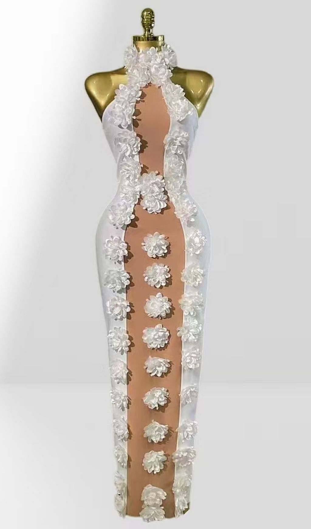 Jennifer White Halter Neck 3D Flowers Bandage Maxi Dress