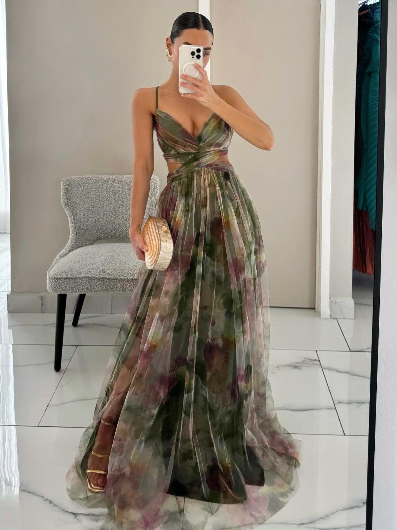 Elegant Painted Floral Print V-Neck A-Line Maxi Dress - OWNCI