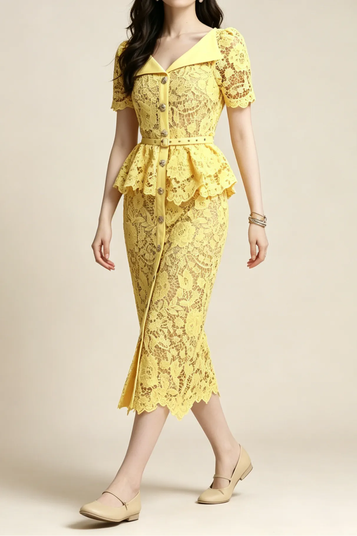 Lemon Yellow Floral Lace Peplum Midi Dress with Lapel Collar & Crystal Buttons