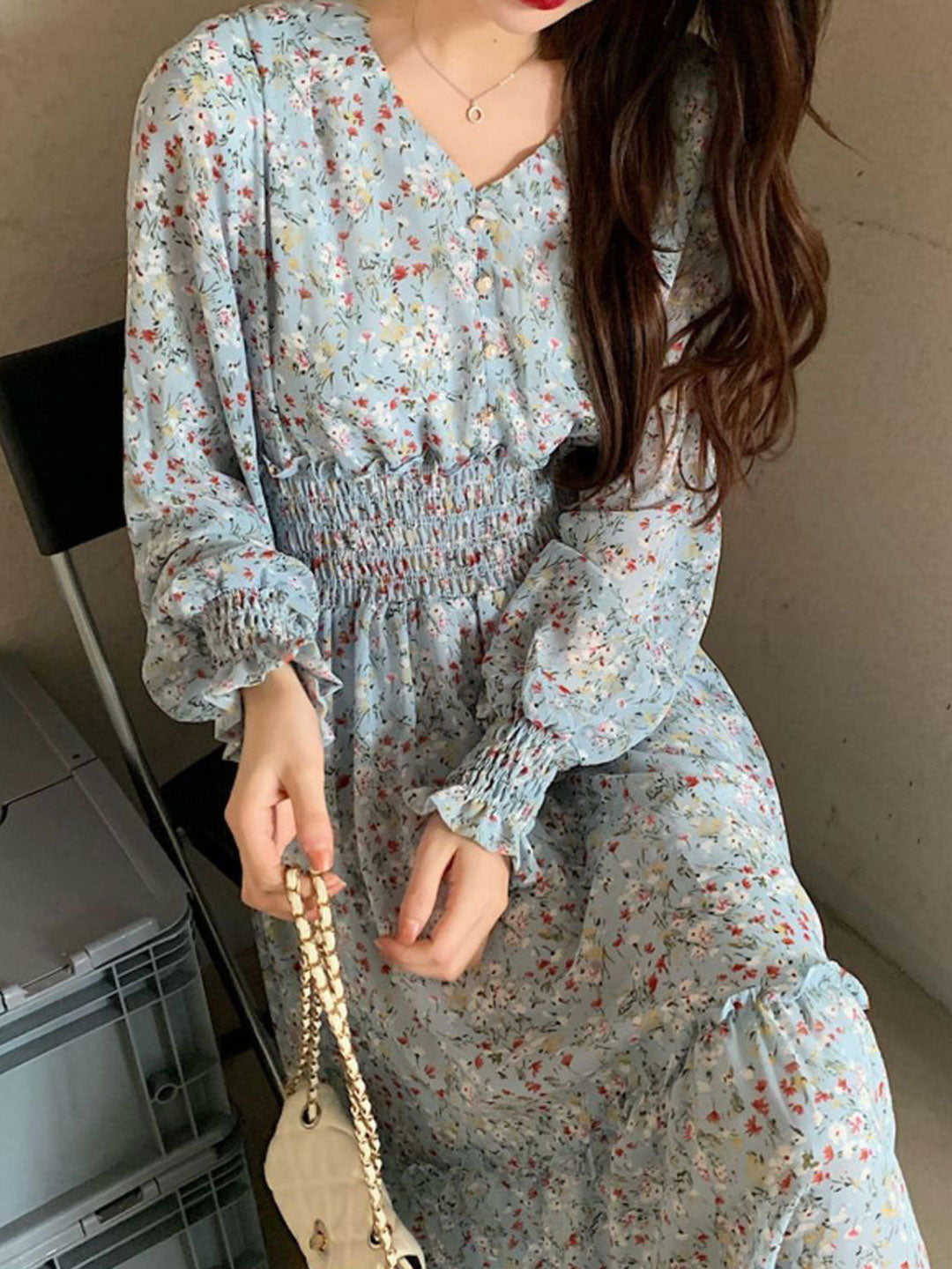 Janet Classic Floral Ruffle Chiffon Dress-Yellow - OWNCI