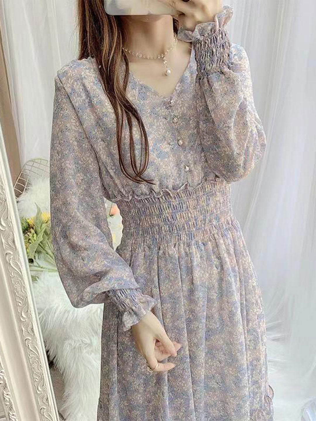 Janet Classic Floral Ruffle Chiffon Dress-Yellow - OWNCI