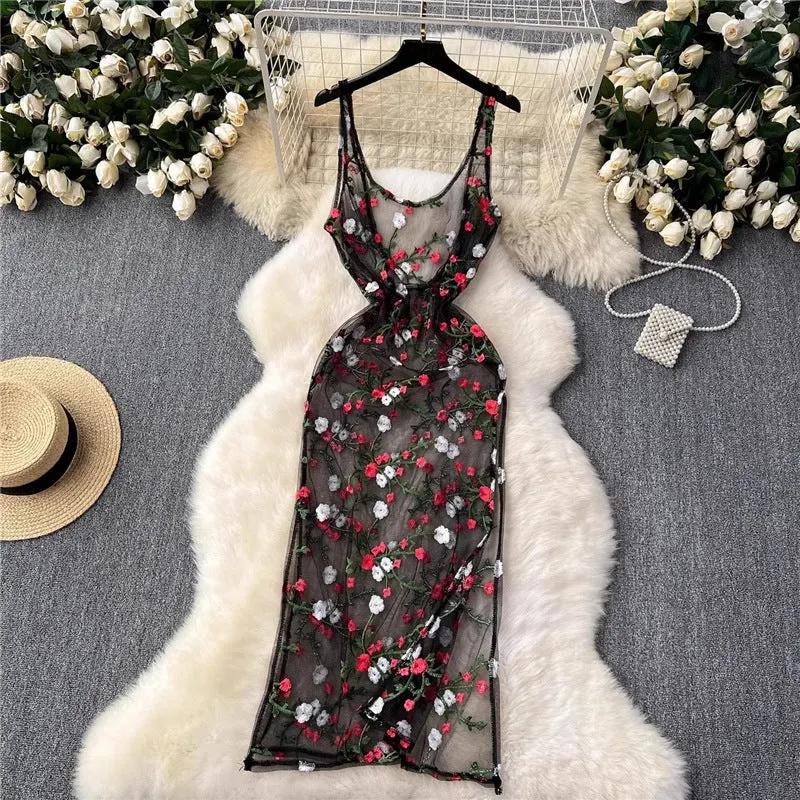 Sleeveless Embroidery Lace Mesh Midi Dress - OWNCI Sleeveless Embroidery Lace Mesh Midi Dress - OWNCI