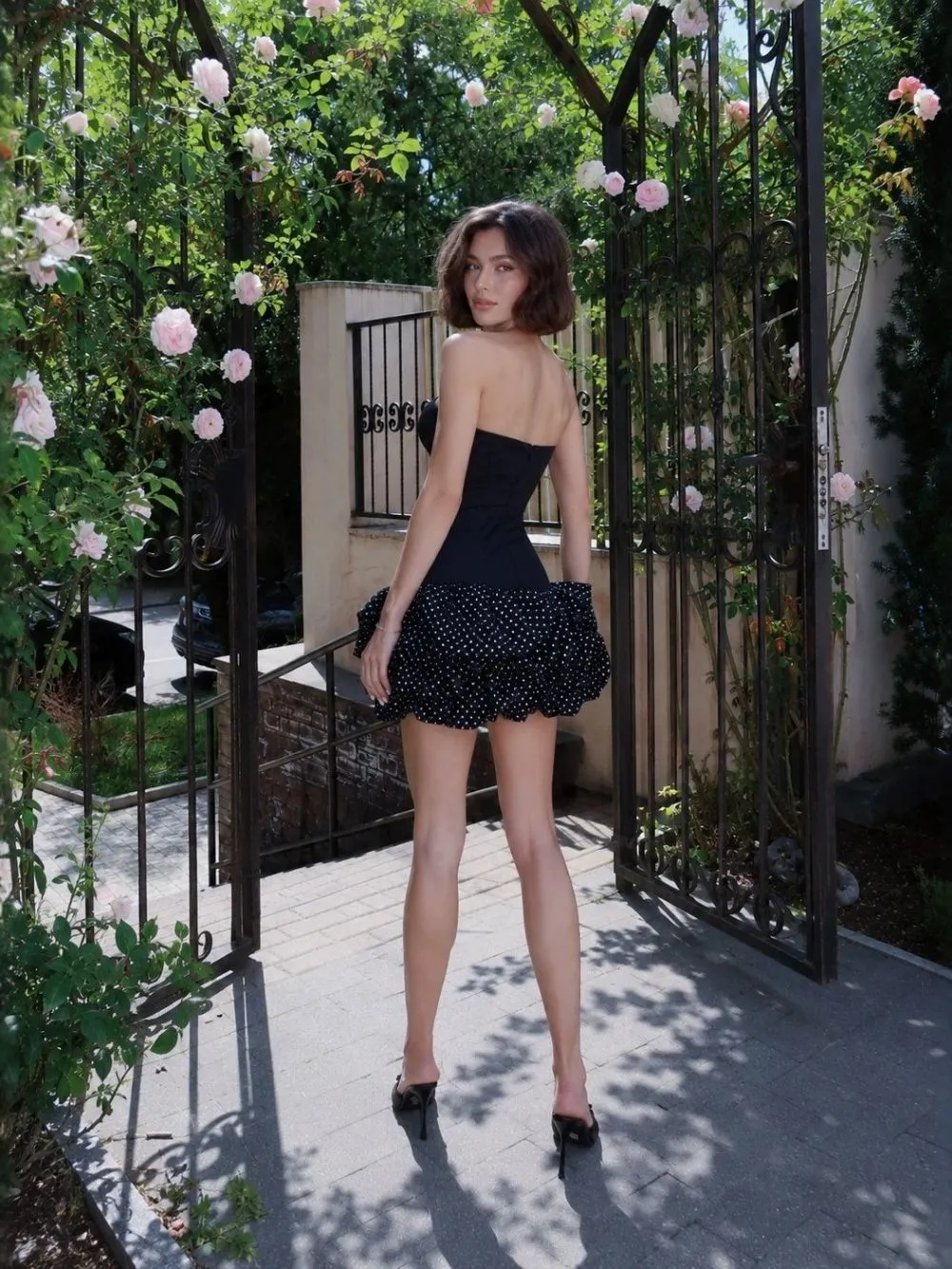 Maleni Black Strapless Bustier Polka Dot Bubble Dress - OWNCI