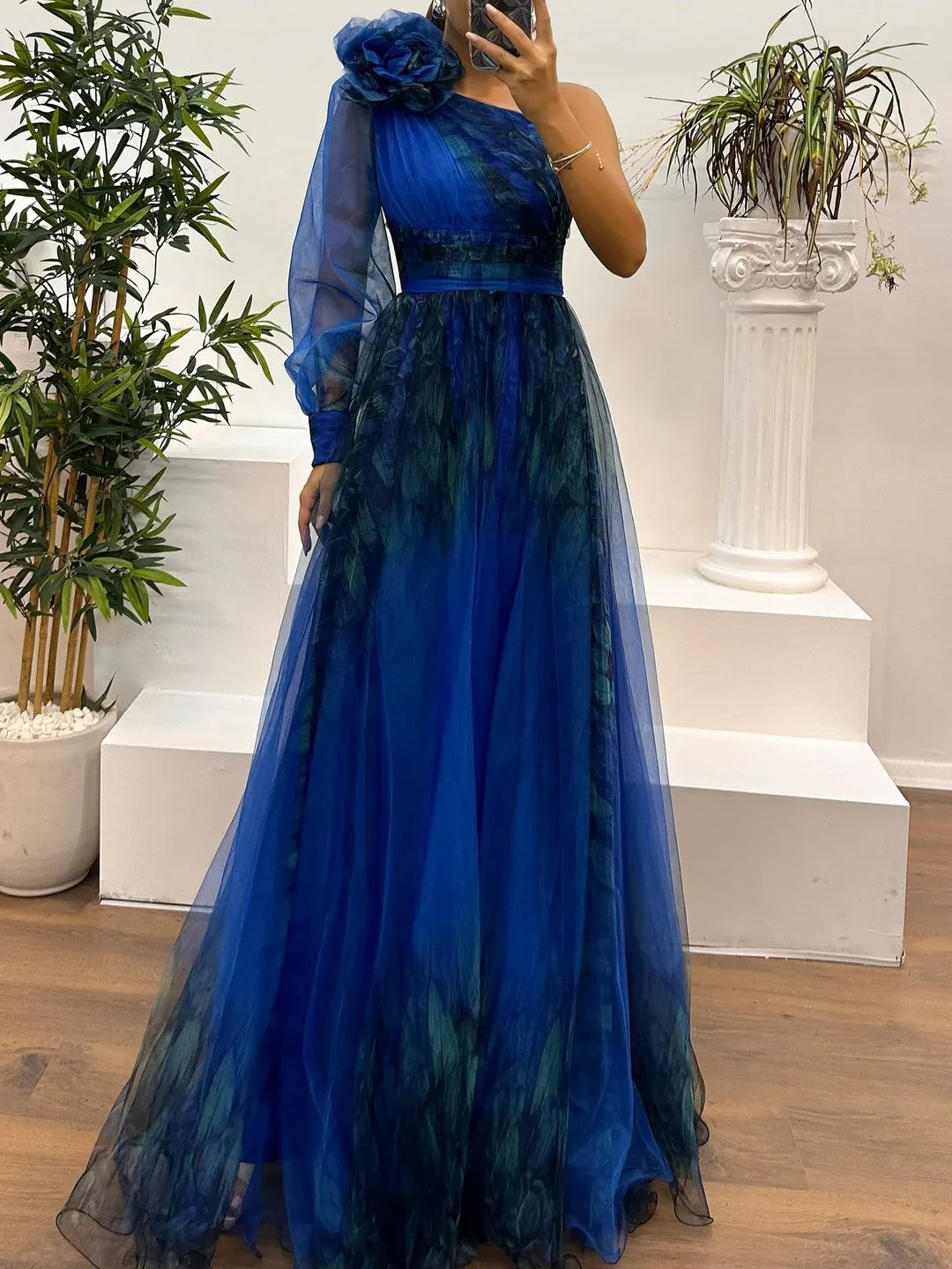 31b3e76815695c2093e5142ba06740a2 One Shoulder Mesh Abstract Gradient Print Maxi Dress
