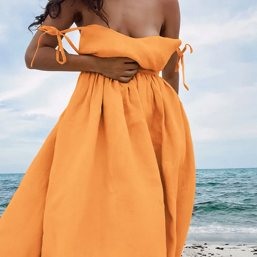 Cotton Linen Backless Strap Midi Dress