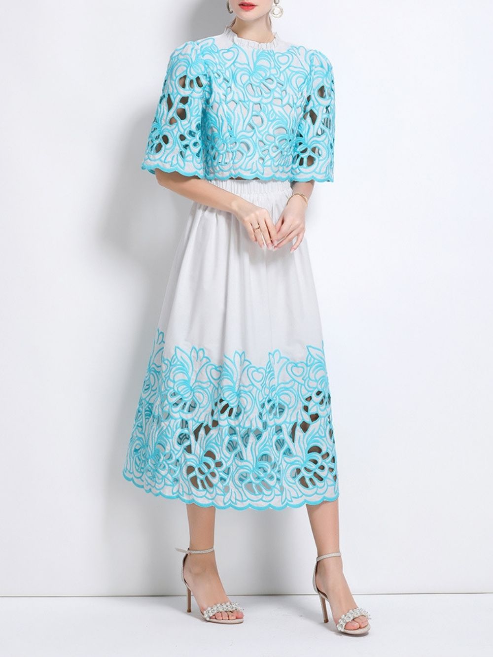 Mahira Blue Flower Embroidery Two-Piece Set - OWNCI Mahira Blue Flower Embroidery Two-Piece Set - OWNCI