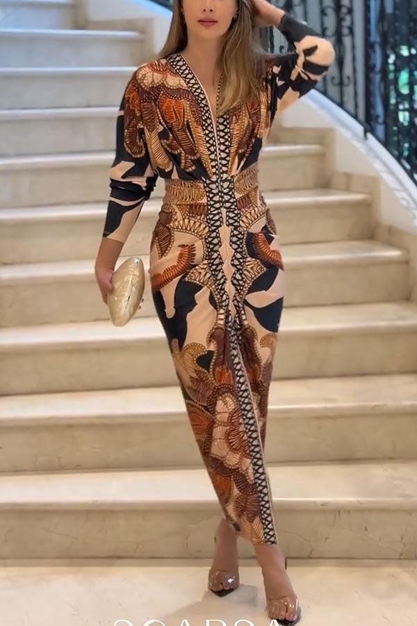 Unique Print Dolman Long Sleeve Ruched Slit Midi Dress - OWNCI Unique Print Dolman Long Sleeve Ruched Slit Midi Dress - OWNCI
