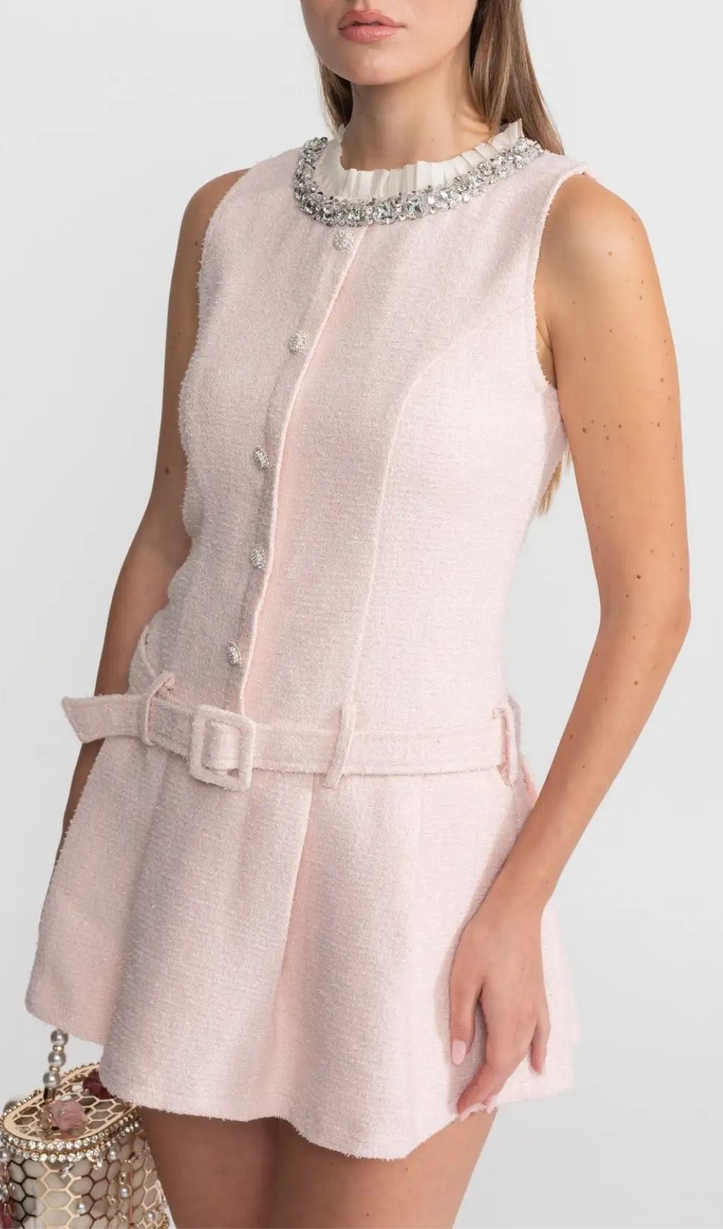 3266fdaa8363d7553f5209ed8eabac50 Zenobia Crystal Embellished Tweed Mini Dress With Belt – Blush