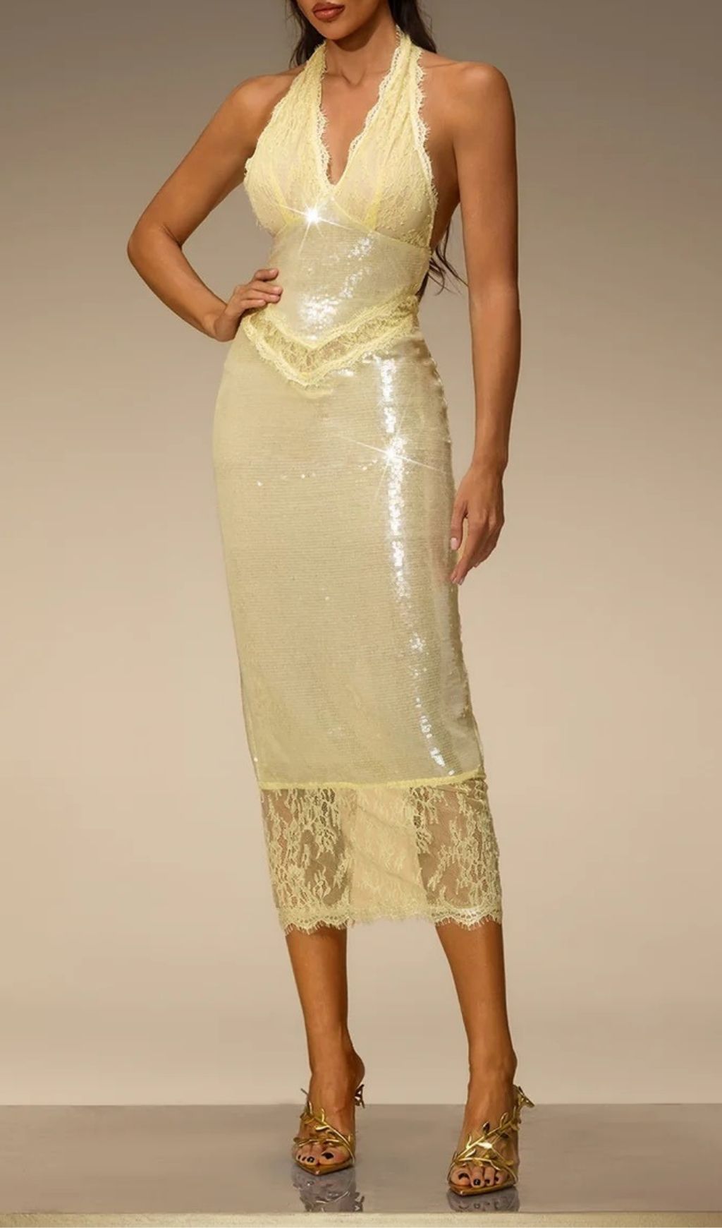 326a22df2a164c59f5d412a311b0136a.jpg Fashionslee Women Virellon Halterneck Lace Sequin Midi Dress