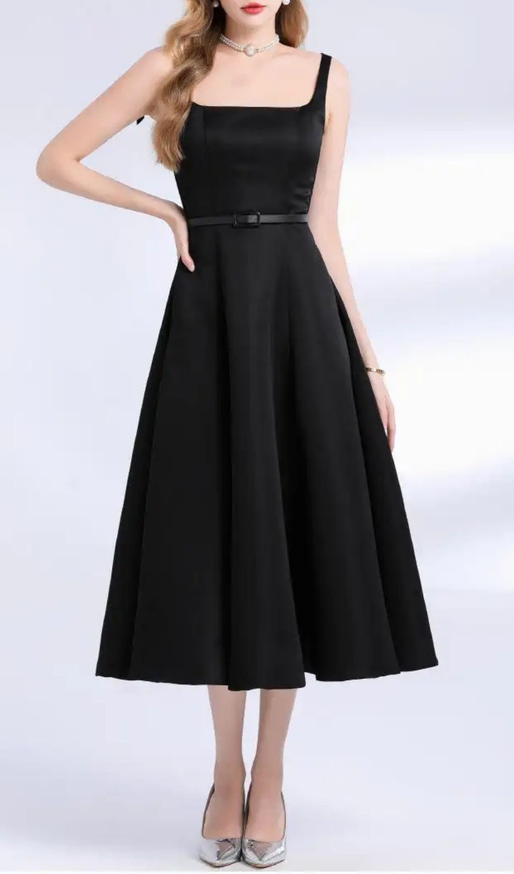 Amelia Square Neck Satin Slip Midi Dress - Black