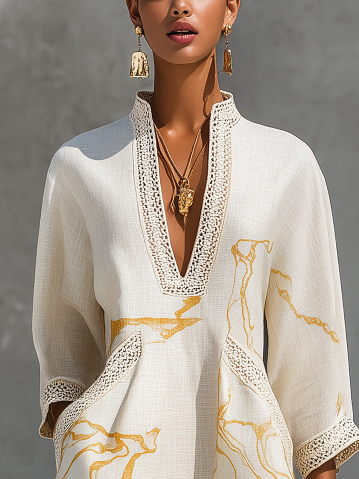 33031defe341c949be102cf0eff59467 Ivory Gold Printed V-neck Crochet Lace Mini Dress