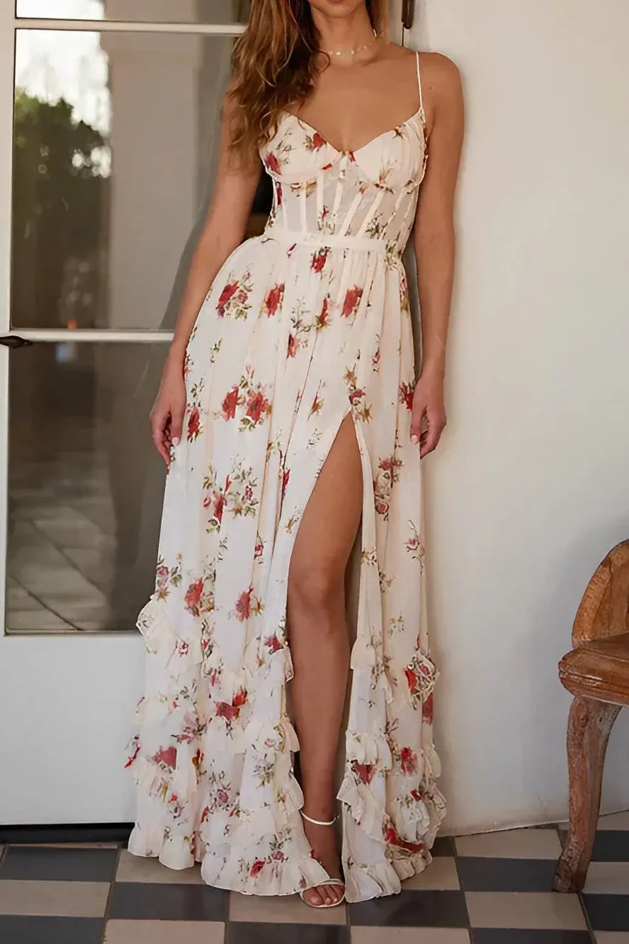 3319ae3fa7564260bac2ed6824eab825 V-Neck Floral Print High Slit Maxi Dress - Apricot