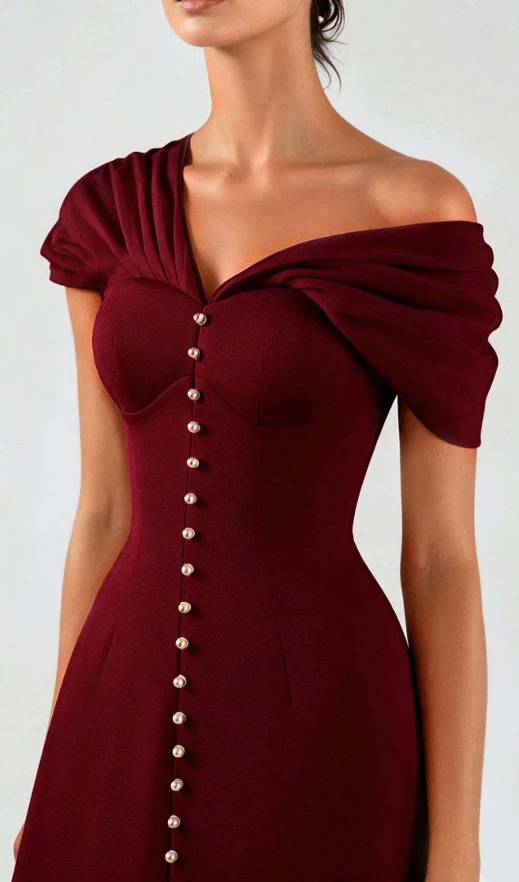 Luzasa Off Shoulder Buttoned Mini Dress - Wine