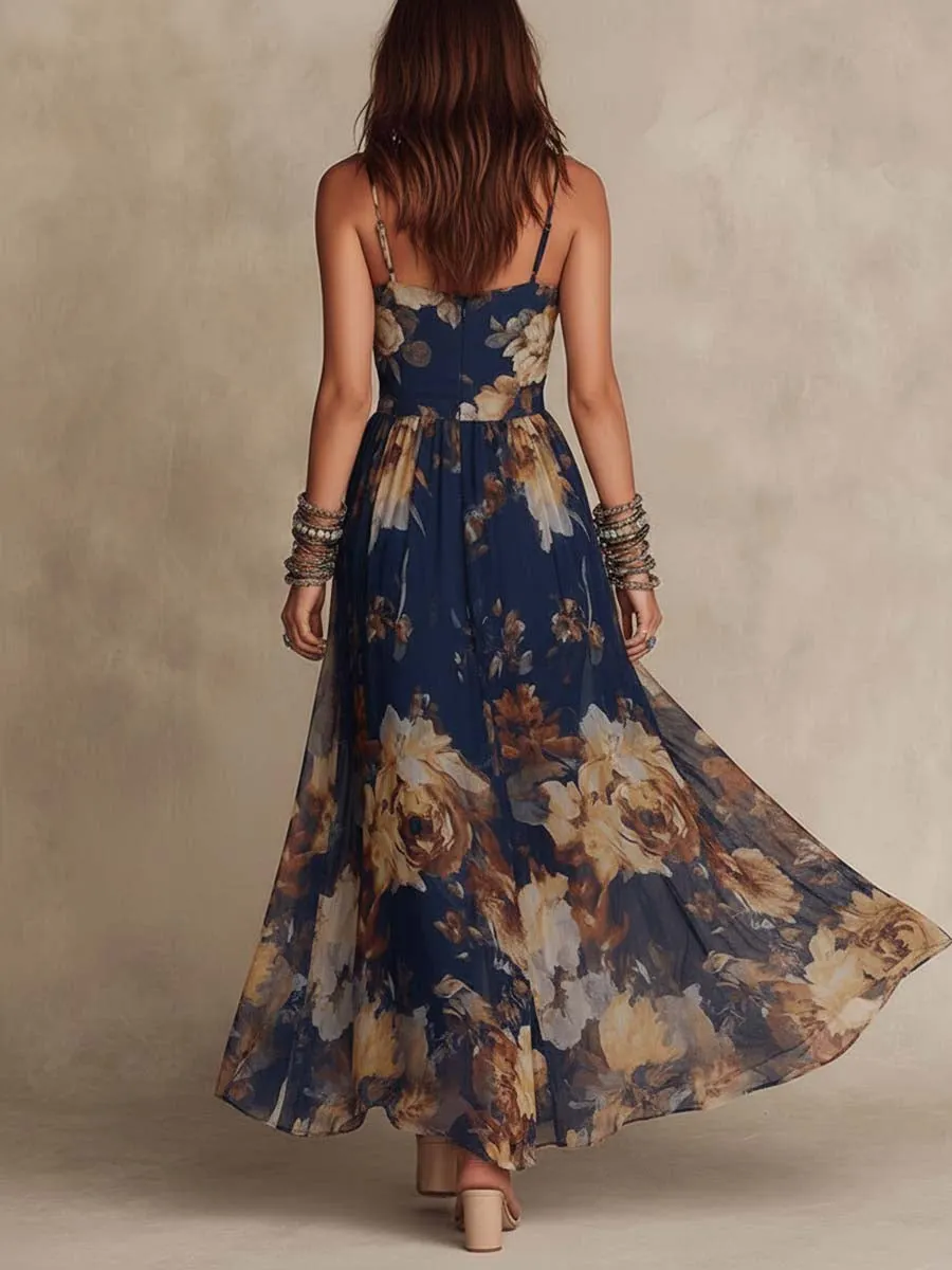 3341dfa9f774fbed7272c4350ff37a75 Navy Blue Chiffon Floral Print Spaghetti Strap Maxi Dress