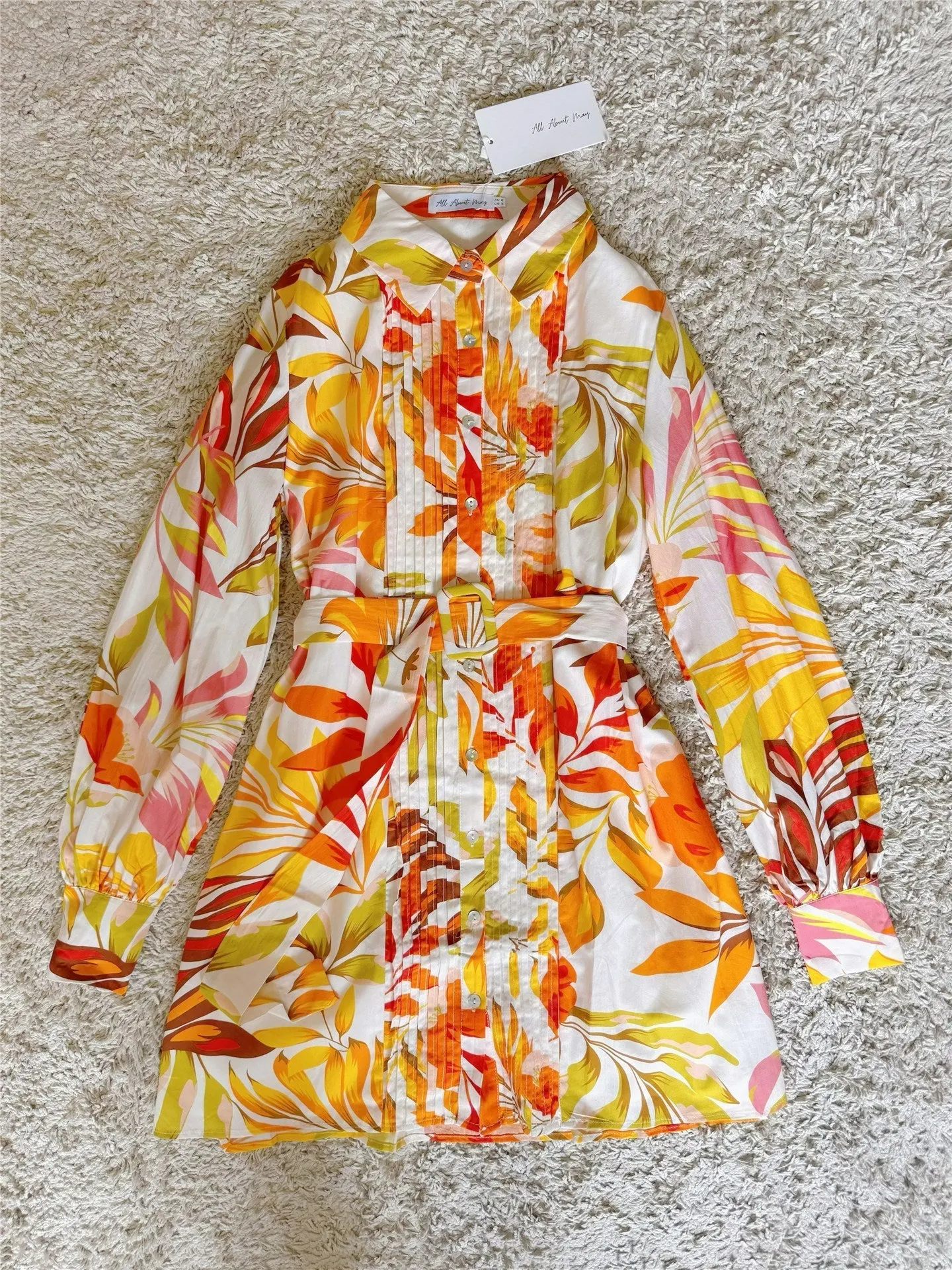 Plant Floral Organ Pleated Shell Button Shirt Dress