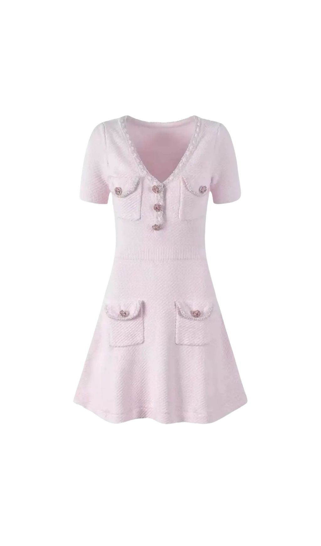Sandra Textured Mini Dress With V-Neckline And Jewel Buttons – Pink - OWNCI Sandra Textured Mini Dress With V-Neckline And Jewel Buttons – Pink - OWNCI