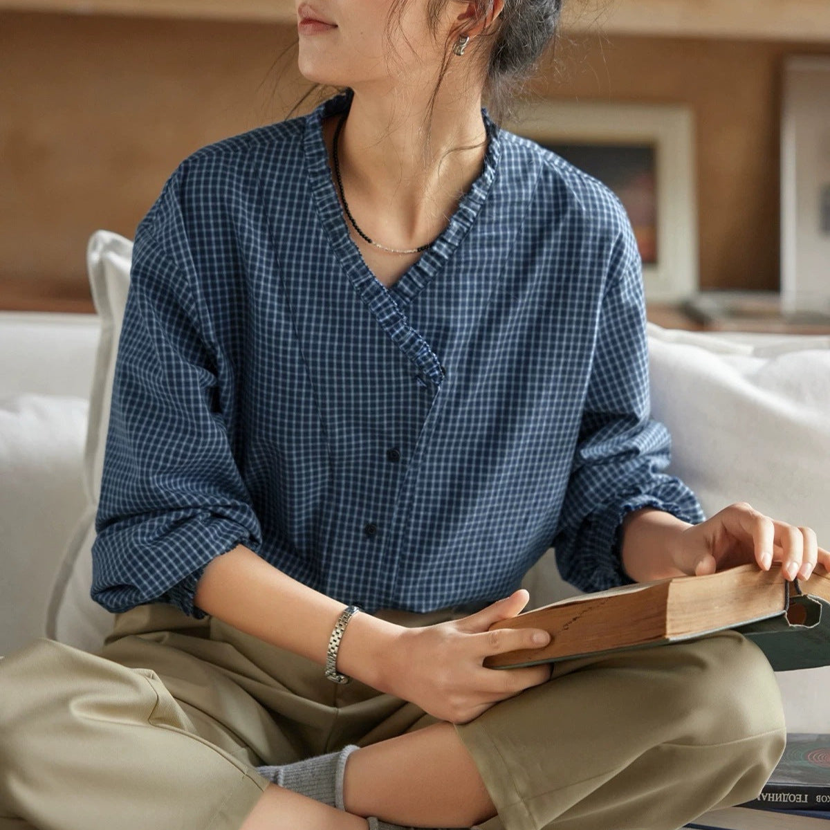 Navy Blue Plaid V-Neck Ruffled Long-Sleeve Shirt