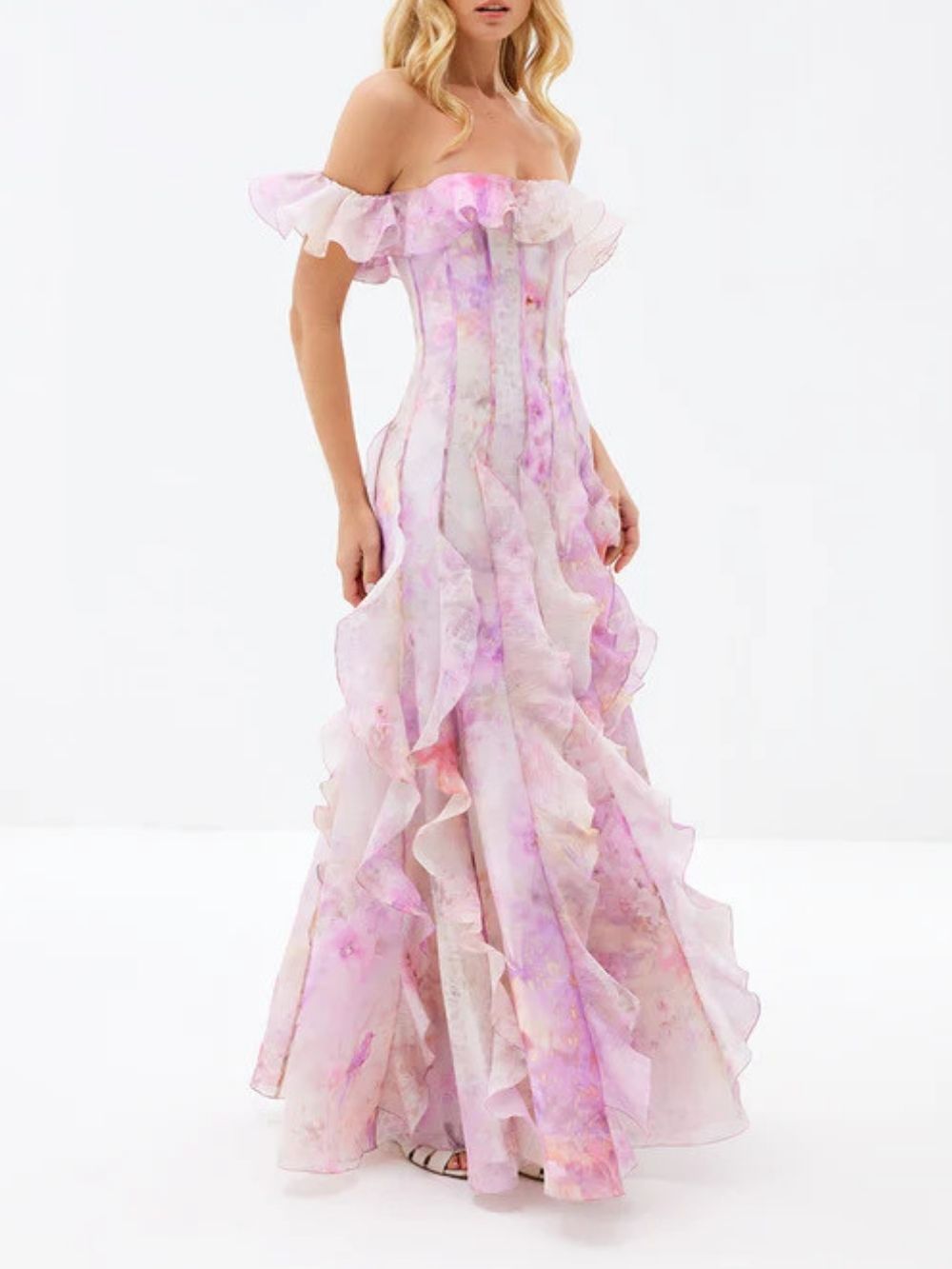 Helen Floral Frill Off-Shoulder Maxi Dress In Pink