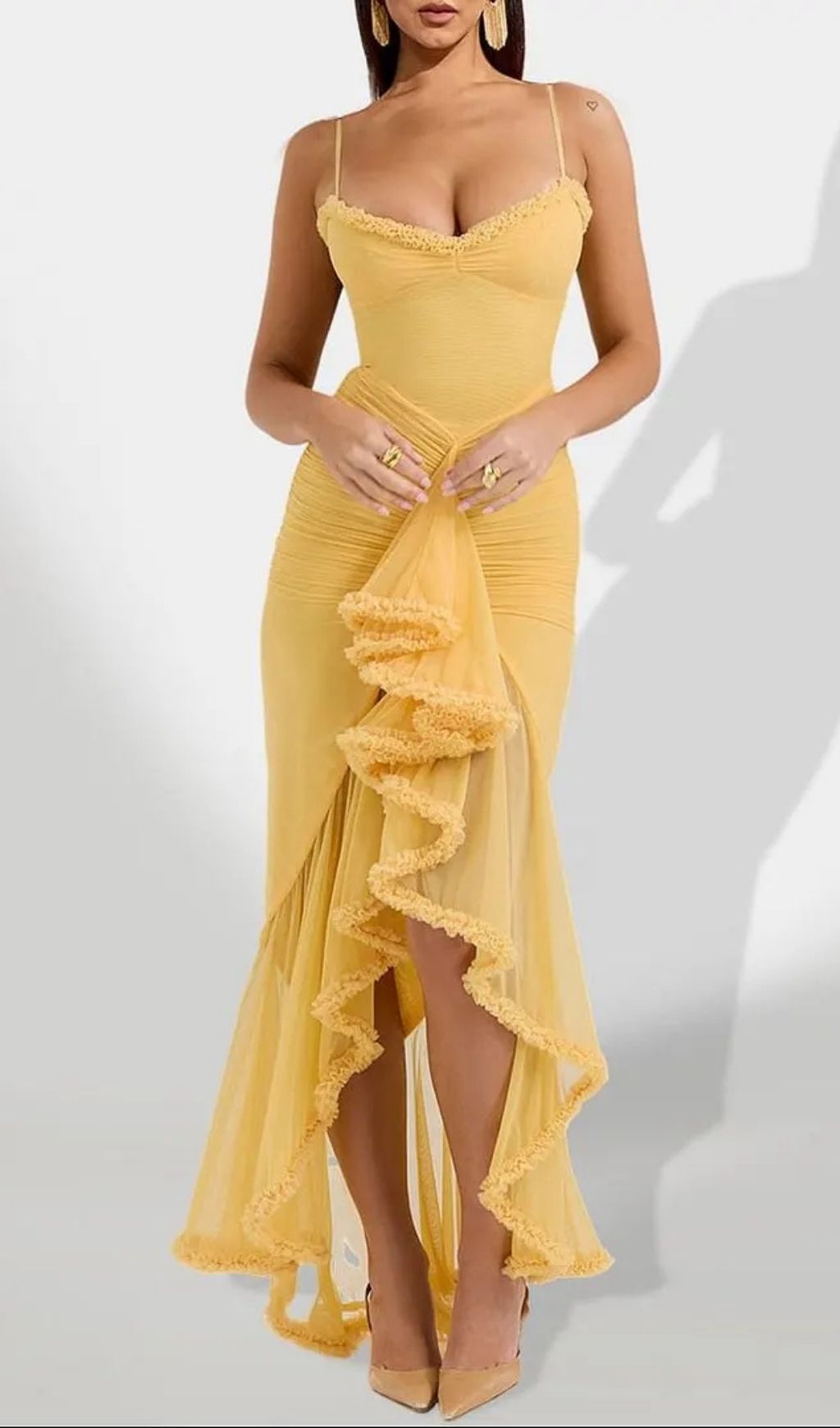 Claire Yellow Irregular Ruffle Breathable Maxi Dress