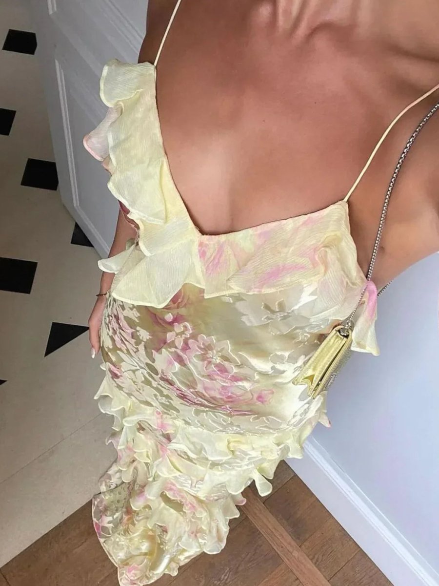 Floral Printed Spaghetti Straps Maxi Dress With Ruffles