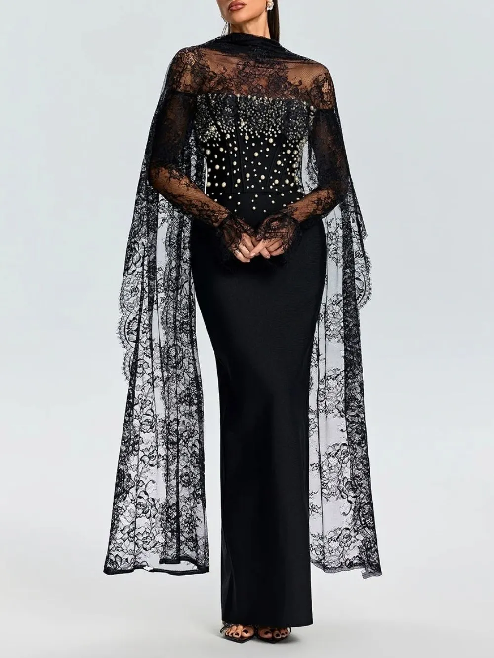 Evynne Cape Pearl Lace Maxi Dress