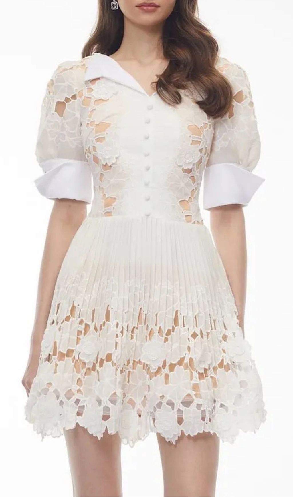 3403d2ef072c8c309da970a8ec688d32 Selena White Floral Appliqué Mini Dress With Cut-Outs