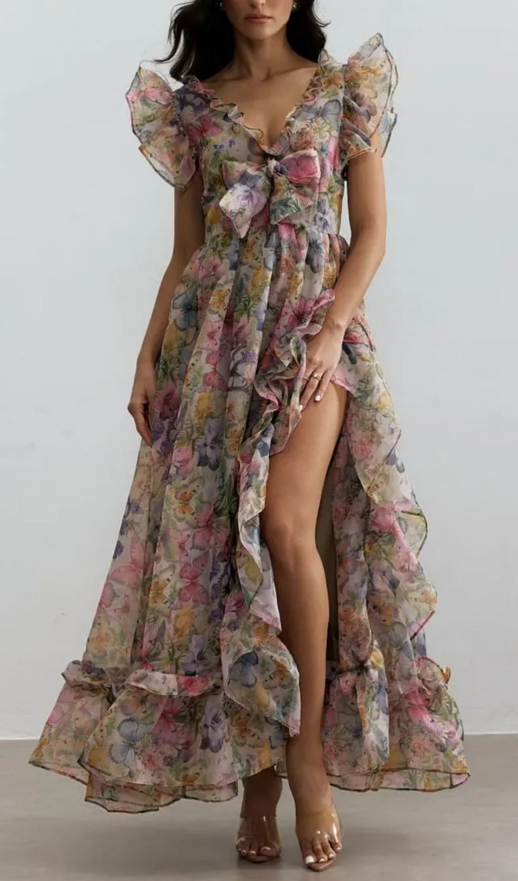Butterfly Print Ruffle Chiffon Maxi Dress