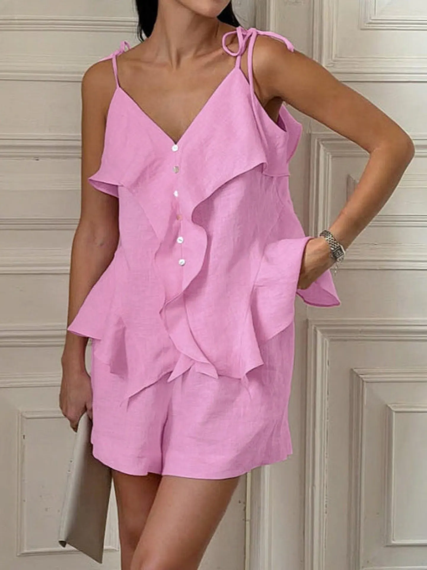 Cotton Ruffled Top & Shorts Two-Piece Set - Pink