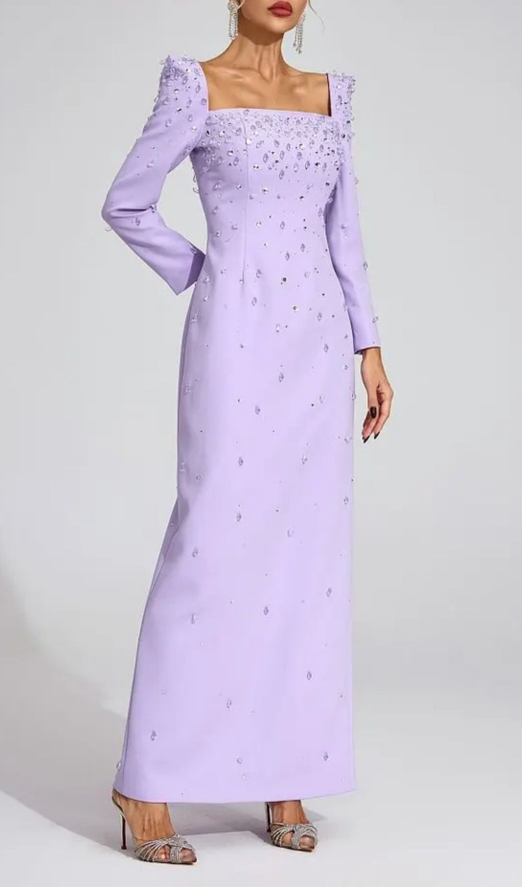 Lynn Square Neck Beaded Rhinestone Maxi Dress - Purple