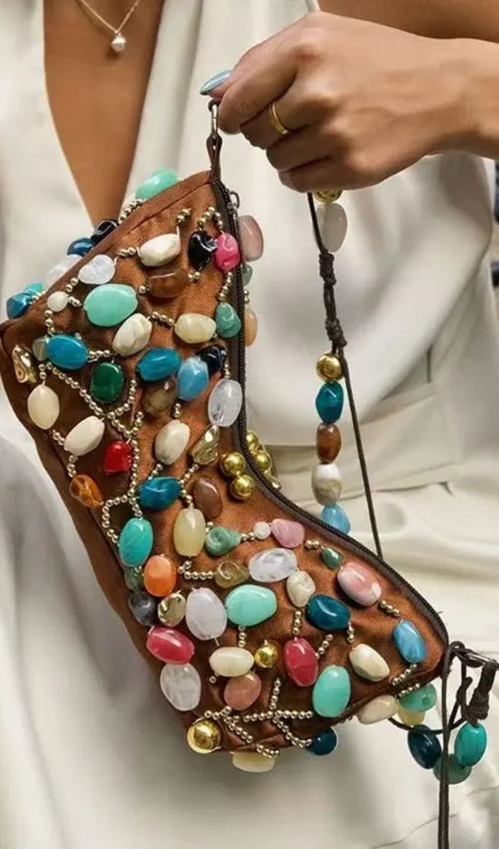 Beaded Crescent Shoulder Bag With Colorful Stone Embellishments - OWNCI Beaded Crescent Shoulder Bag With Colorful Stone Embellishments - OWNCI